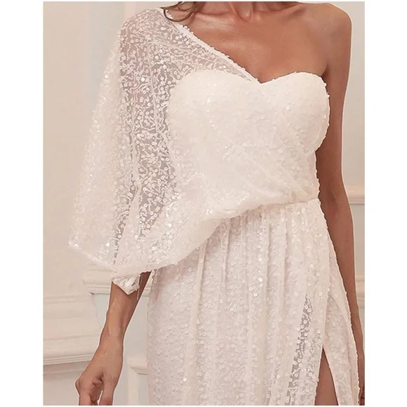 Luxe Sequin One Shoulder Evening Formal Wedding Dress - Picture 7 of 8